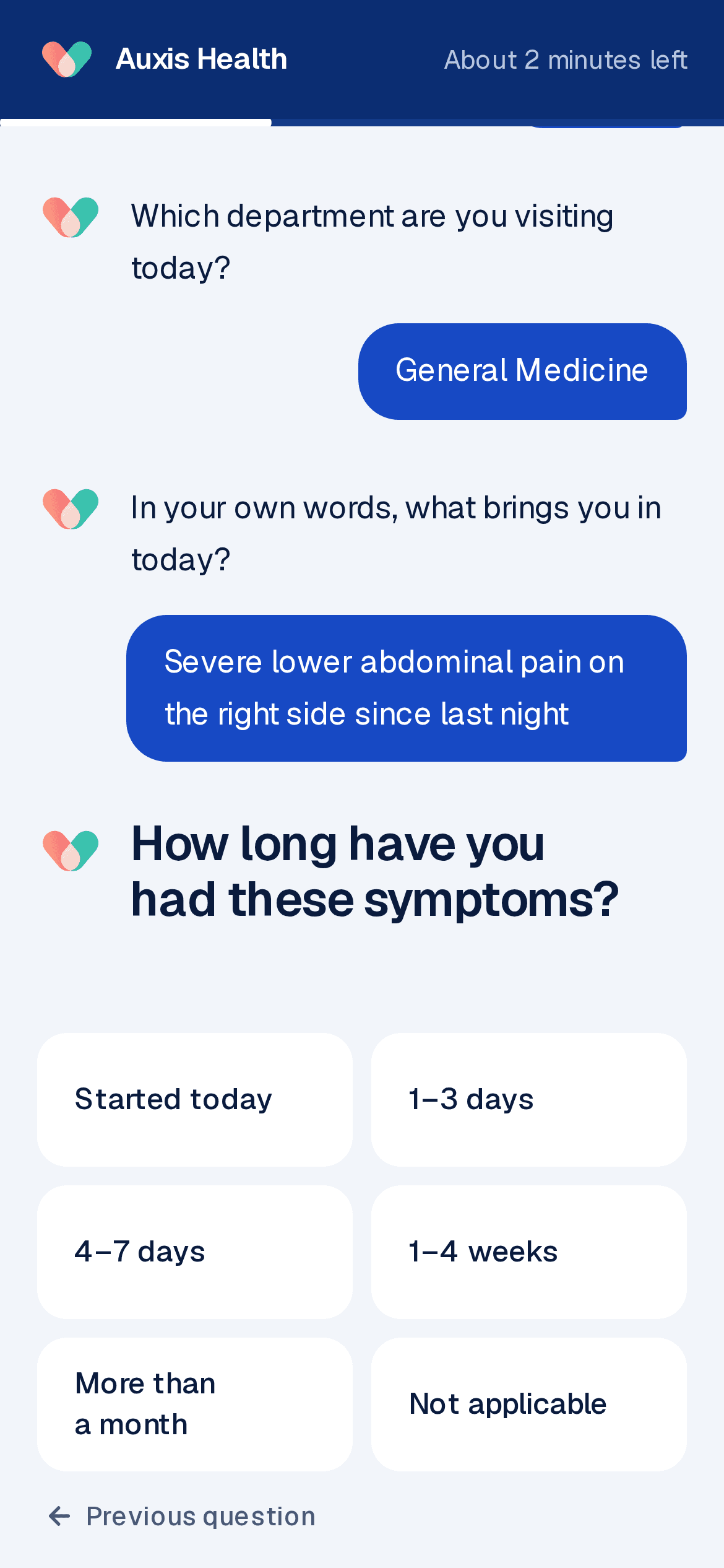 The check-in chat asking how long symptoms have lasted