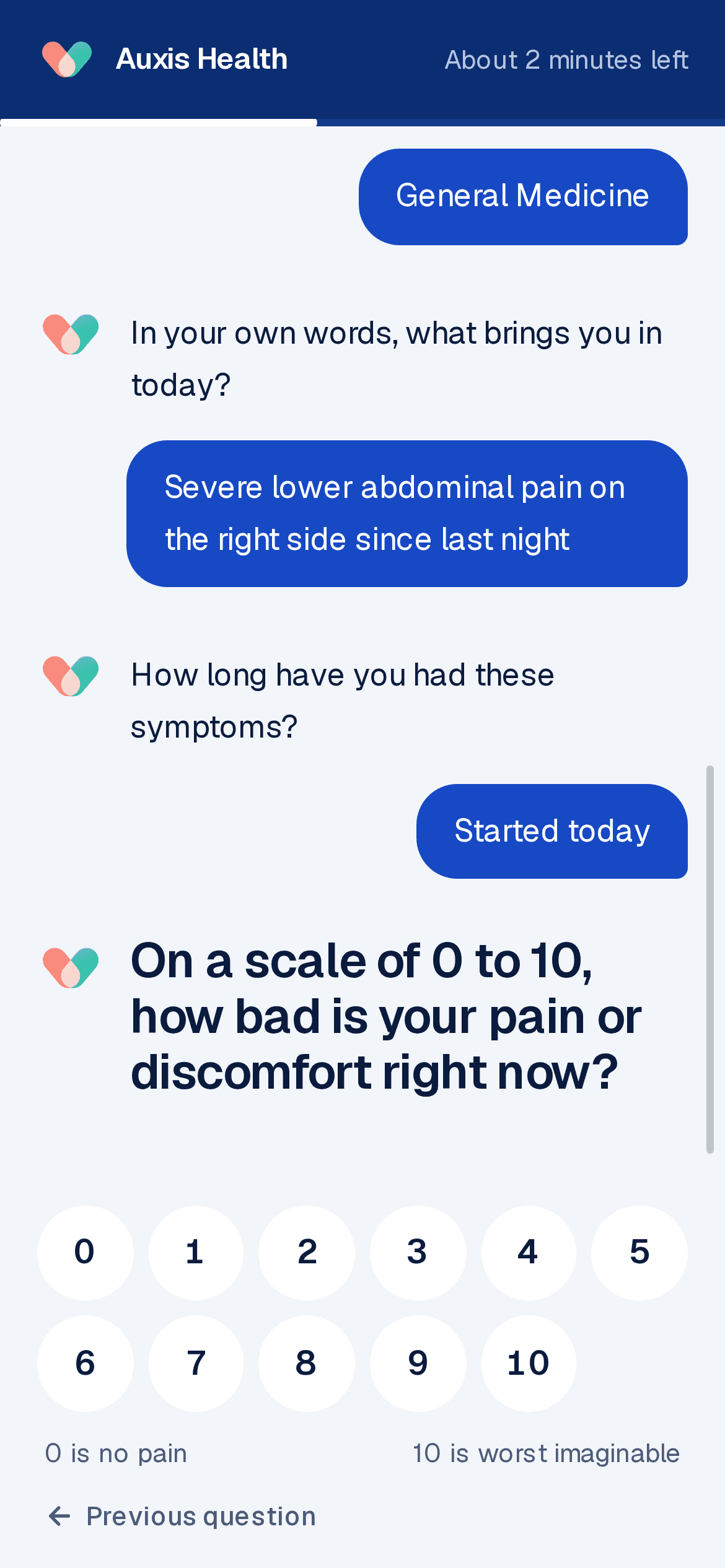 A patient answering the pain question on their phone